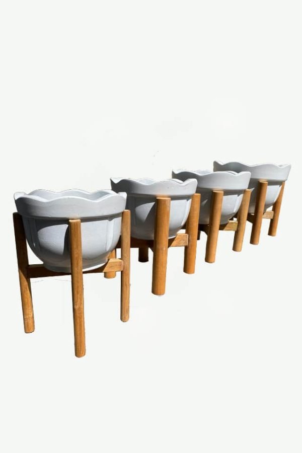 White Planters with Wooden Stand